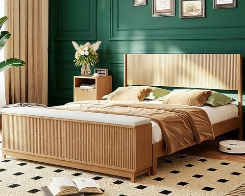 VINGLI Fluted Queen Bed Frame with Wingback Headboard and Footboard Storage Bench, Boho Solid Wood Platform Panel Bed with 4 Drawers Dresser,Mid-Century Modern Sleign Bed,Oak
