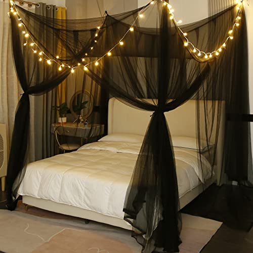 Mengersi Canopy Bed Curtains with Lights,Elegant Bed Canopy Curtains Bed Netting for Full Queen King Size Bed,Halloween Decoration,Gothic Black Room Decor Aesthetic