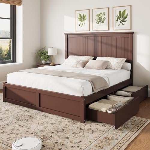 AMERLIFE Solid Wood Queen Size Storage Bed Frame with Headboard, Platform Bedframe with 2 Storage Drawers, Beadboard Design & Wooden Slats/No Box Spring Needed/Noise-Free, Espresso Brown Finish