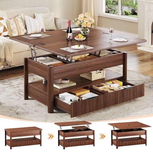 HUAHUU 40" Lift Top Coffee Table, 4 in 1 Square Coffee Table with Storage Shelf & 2 Drawers, Modern Coffee Tables with Lift Tabletop, Converts to Dining Table for Living Room, Home Office, Walnut