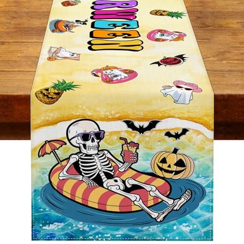 Heyfary Summerween Decorations Table Runner Tropical Gothic Halloween in Summer Spooky Ghost Beach Party Home Kitchen Dining Room Table Decor