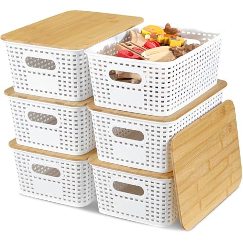 EOENVIVS Plastic Storage Baskets with Bamboo Lids for Pantry Organization and Storage Containers Bins for Shelves Drawers Desktop Closet Playroom Classroom Office Home, 6 Pack,White