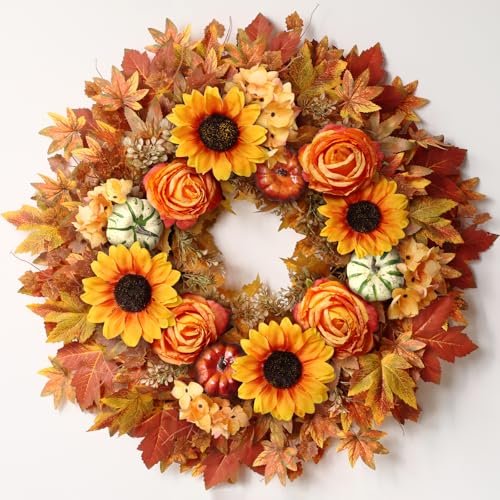 28'' Large Fall Wreath for Front Door, Porch, Window- Artificial Maple Leaves Fake Pumpkins Faux Rose Sunflower Outdoor Autumn Wreath for Home, Farmhouse Wall Thanksgiving Day Harvest Festival Decor