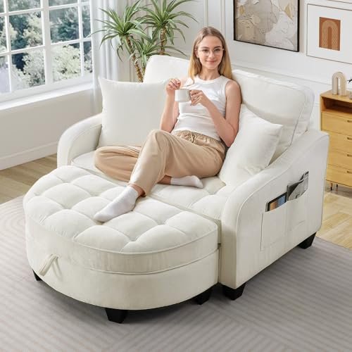 Oversized Chair and A Half, Chenille Tufting Accent Cozy Reading Sofa Chair with Storage Ottoman, Upholstered Loveseat Chaise Lounge Sofa with Adjustable Back for Living Room, Office, Sunroom, Beige