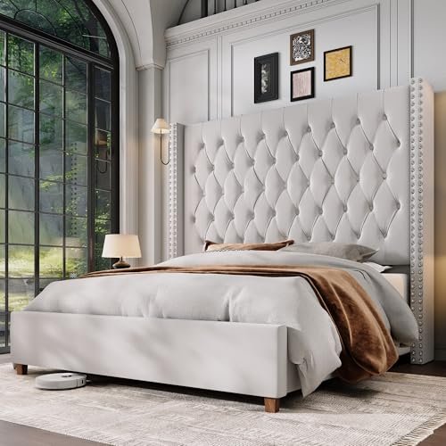 Jocisland Queen Size Bed Frame 61.4" Extra Tall Wingback Headboard Velvet Upholstered Deep Button Tufted Platform Bed with Solid Wood Legs & Wood Slats, No Box Spring Needed, Cream