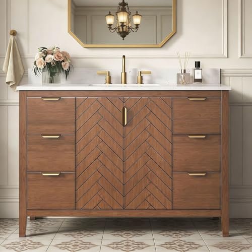 DELUXE LIVING 48 Inch Bathroom Vanity with Sink, No Assembly Required Single Sink Bathroom Vanity with Soft Close Doors & Dovetail Drawers, Solid Wood Bathroom Vanities, Engineered Stone Top, Walnut