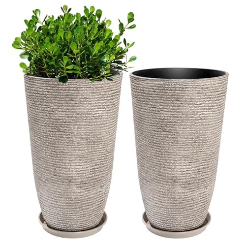 QCQHDU Set of 2 Oversized 9 Gallon Round Planters for Front Door & Patio - 12x21 Inch Tall Outdoor/Indoor Plant Pots with Drainage Tray, Gray Faux Stone Textured Tree Planters for Porch Decor