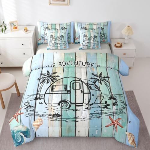 Homewish Camper Van 7 Piece Bedding Set Queen Size,Coastal Beach Comforter & Sheet Sets Coconut Trees Bed in a Bag Ocean Starfish Shell Flat & Fitted Sheets,4 Pillow Covers