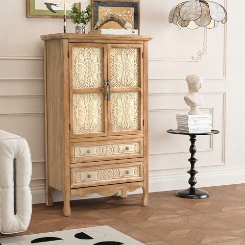 RoyalCraft 48" Tall Accent Cabinet with 2 Carved Doors and 2 Drawers，Vintage Wood Cabinet with Storage, French Country Sideboard Buffet for Small Spaces, Dining Room, Living Room & Hallway