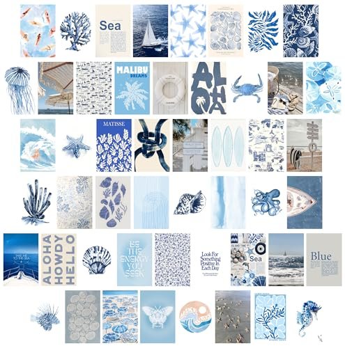 Beach Coastal Surf Wall Art - 4x6 Inches Set of 50 UNFRAMED Collage Posters & Prints - Blue Retro Beach Wall Decor - Summer Cowgirl Nautical Beachy Room Decor - Ocean Surfboard Granddaughter Room Wall Decor