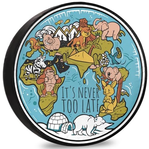 RUUEESTAR Never Too Late Camper Spare Tire Cover โ Oxford Fabric Conversion Van Accessories with Waterproof, UV-Resistant & Dustproof Protection for RVs, SUV, Car - 16 Inch