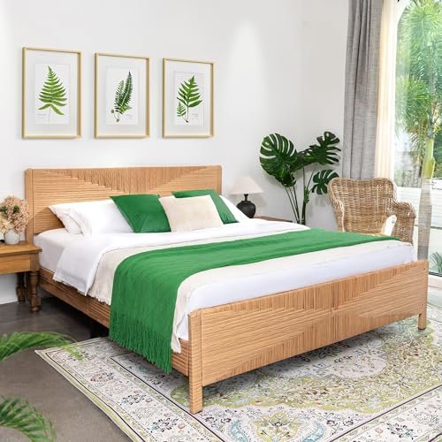 Yechen Hand-Woven PE Rattan King Bed Frame with Headboard and Footboard, Boho Mid Century Modern Bedframe with Vintage Pattern, Wicker Bed with Metal Frame and Slats, No Box Spring Needed, 1000lbs