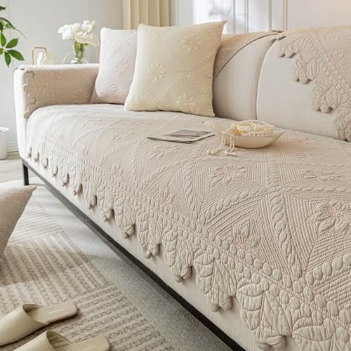 XSlive Cotton Quilted Dog Couch Cover for Sofa Farmhouse Rustic Embroidery Sectional Couch Cover Soft Anti-Slip Sofa Slipcover Furniture Protector for Kids, Pets (Khaki,28"x59")
