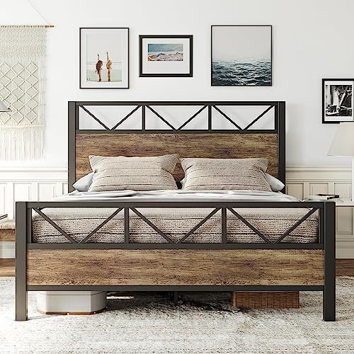 LIKIMIO Queen Bed Frame, Tall Industrial Headboard 51.2 ", Platform Bed Frame with Strong Metal Support, Solid and Stable, Noise Free, No Box Spring Needed, Easy Assembly, Rustic Maple