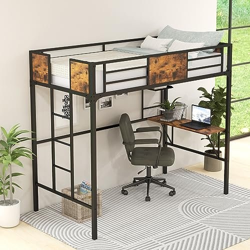 Giantex Metal Twin Loft Bed with Desk and Storage Shelf, Heavy Duty Loft Bed Frame with Build-in Ladder & Safety Guardrail, Space-Saving Twin Size Loft Bed for Teenager and Adult, Black