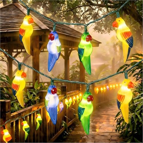 Romasaty 8.5Ft Parrot String Lights, Outdoor Tropical Themed LED String Lights with 10 3D Multicolor Bird Lights, Plug in Hanging Fairy Lights for Tent Party Bar Garden Bedroom