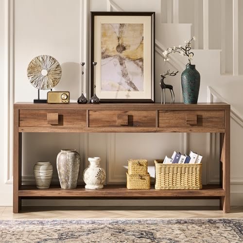 ONBRILL 63 Inch Long Console Table with 3 Drawers, Entryway Table with Open Storage Shelves, Mid Century Modern Hallway Accent Tables Behind Couch Table for Living Room (Vintage Brown)