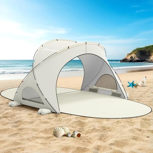 Raynesys Beach Tent Sun Shelter, Beach Shade Tent with UPF50+ UV Protection, Sun Shelter for 1-3 Person, Beaches Shade with 2 Zippered Doors, Portable Tents for Camping Fishing, Beige