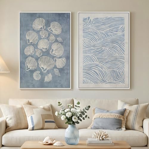 Framed Abstract Coastal Blue White Wall Art for Living Room, Set of 2 Ocean Shell Waves Lines Canvas Artwork for Walls, Large Minimalist Modern Cool Tone Print Wall Decor for Bedroom Office, 24x36 In