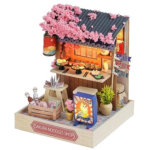 Kisoy Dollhouse Miniature with Furniture Kit, DIY 3D Wooden DIY House Kit with Dust Cover, Handmade Tiny House Toys for Teens Adults Gift (Sakura Noodles Shop)