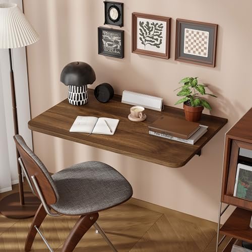Dogsky Wall Mounted Folding Table, Floating Desk 24x15.7Inch, Fold Down Shelf Wall Mounted with Heavy Iron Brackets, Foldable Table for Launrdy Room, Office Study Work Bench, Kitchen Dining, Walnut