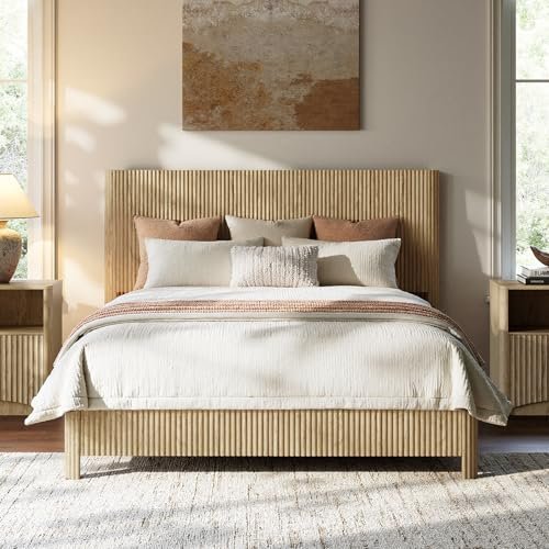Evermagin Oak Queen Bed Frame with Headboard, Mid Century Modern Fluted Platform Bed, Boho Wooden Bed Base No Box Spring Needed, Wavy Grooved Panel