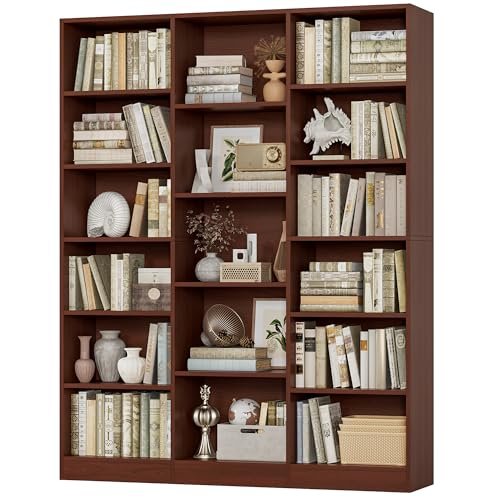 FACBOTALL Triple Wide Bookshelf, 6 Tier Large Bookshelf, Bookcase with 17 Open Display Shelves, 74'' Tall Bookcases and Bookshelves for Living Room, Home Office, Library, Cherry