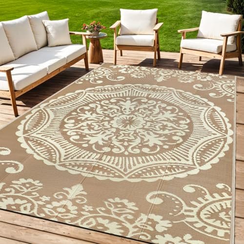 Capslpad 5x8 Outdoor Rug Waterproof Beige Boho Floral Patio Carpet Portable Plastic Straw Rug Foldable Outside Carpet with Carry Bag for RV Backyard Balcony Bench Picnic Porch