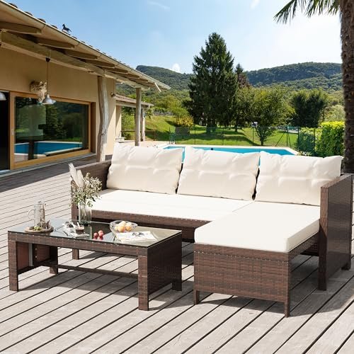 Shintenchi 3-Piece Outdoor Patio Furniture Sets, Wicker Patio Conversation Sets, All Weather Wicker Rattan Patio Seating Sofas with Glass Coffee Table and Cushion, Beige