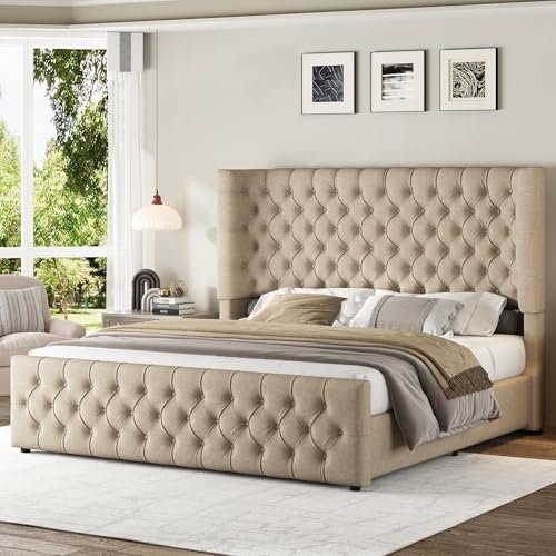Jocisland Queen Size Platform Bed Frame, 6.3" Thick Upholstered Curved Wingback Headboard and Footboard with Deep Button Tufted, Easy Assembly, No Box Spring Needed, Khaki Linen