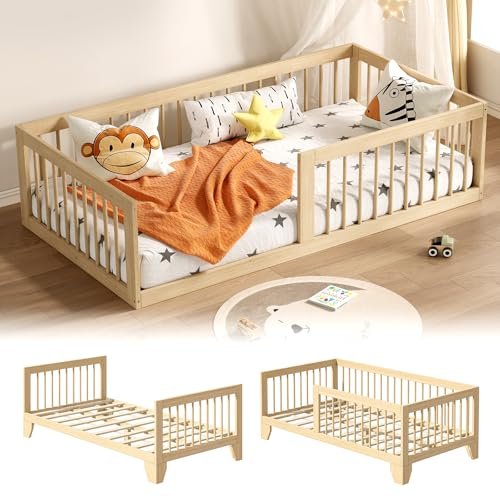 EXPERLAM Montessori Toddler Bed - Variable Twin Toddler Bed Frame with Removable Fences, Legs and 10 Board Slats, Toddler Floor Bed with Sturdy Wooden, Floor Bed for All Ages Kids, Bedroom, Livingroom