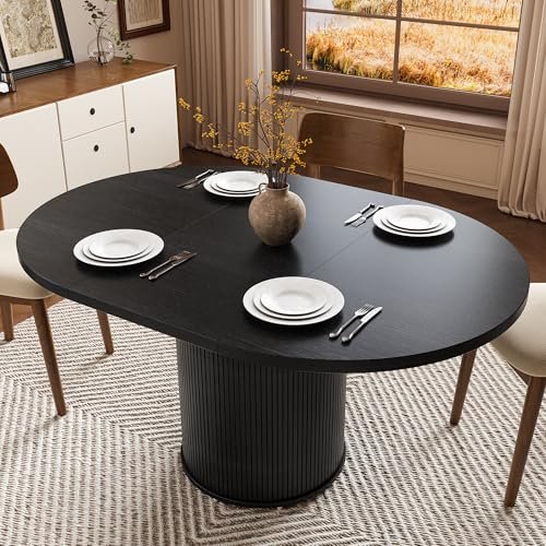 EPLICEMR Extendable Round Dining Table for 4-8, 43in-59in Modern Wood Dining Room Table with Removable Leaves, Extendable Dinner Tables w/Heavy Duty Base for Kitchen|Living Room|Small Space, Black