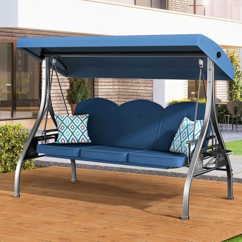ZZW 3 Seat Outdoor Porch Patio Swing with Stand 800lbs 2-in-1 Convertible Swing Bed with Adjustable Canopy & Removable Cushion for Yard Garden Deck (Blue, Square Tube)