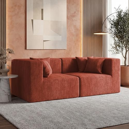 MONVANE 75" Loveseat Sofa, Comfy Chenille Cloud Couch with 4 Pillows, Modern Deep Seat Boneless Couch, 2 Seater Sofa for Living Room, Bedroom and Apartment, No Assembly Required, Rust Red