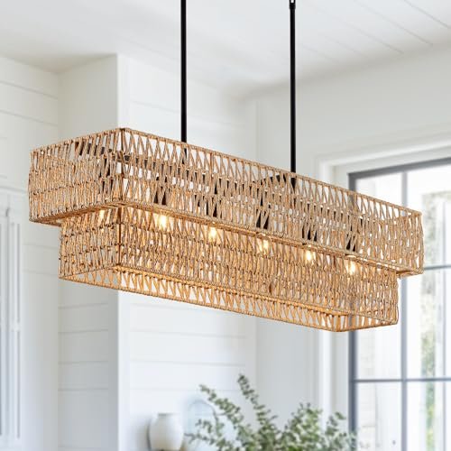 InterMaka 6-Light Boho Rattan Chandeliers for Dining Room, 2 Layer Large Linear Chandelier Rattan Pendant Light Fixture Farmhouse 34” Rectangle Chandelier for Kitchen Island Bar Living Room