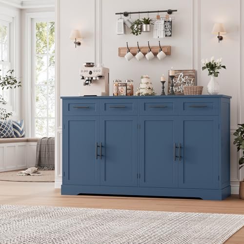 HOSTACK 60" Large Buffet Sideboard with Storage, 36" Tall Kitchen Buffet Storage Cabinet with 4 Drawers, Modern Coffee Bar Cabinet with Gold Handles, Long Sideboard Buffet Table for Kichen, Blue