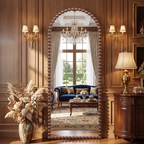 Antok 57" x 21" Arched Full Length Mirror, Antique Beaded Frame Floor Standing or Wall Mounted Mirror with Stand for Bedroom, Entryway, Brown, Luxury Style