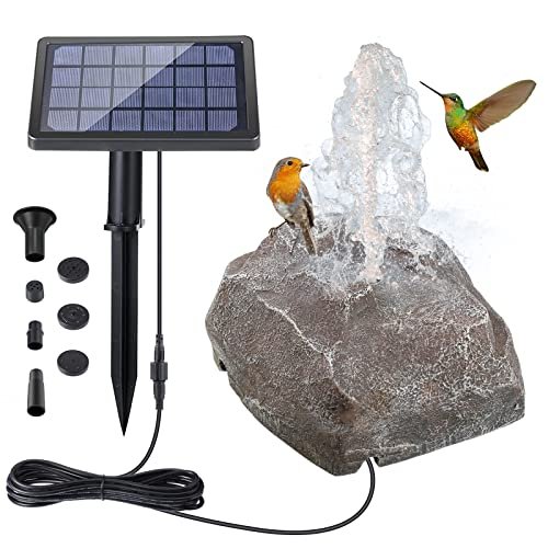 Solar Fountain Bird Bath with Solar Panel, Rockery Granite Water with 5 Nozzles Solar Water Fountain for Birdbath Outdoor, Pond, Patio Garden, and Fish Tank