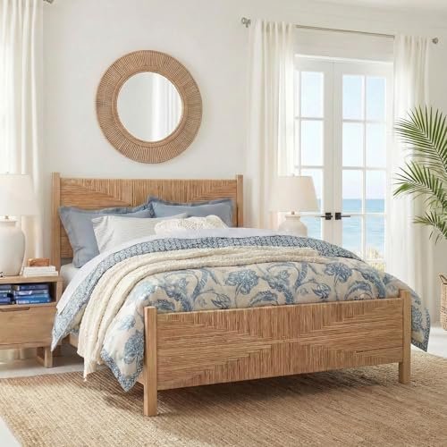 Brafab King Size Rattan Bed Frame, Boho Bed Frame with Hand Woven Wicker Headboard & Footboard, Solid Wood Posts and Feet, Metal Slat, No Box Spring Needed, Natural Oak