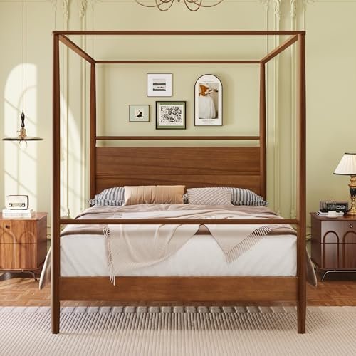 SOFTSEA Full Size Canopy Bed with Headboard, Wood 4 Post Canopy Bed Frame with Under Bed Space, Solid Wood Canopy Platform Bed for Bedroom, No Box Spring Needed, Walnut