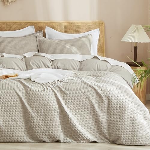 PHF Waffle Weave Duvet Cover Set King Size, No Snagging Ultra Soft Luxury Textured Breathable Comforter Cover for All Season 3pcs, Durable Bedding Duvet Set with 2 Pillow Shams, 104"x90", Linen