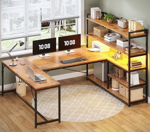 SEDETA L Shaped Desk with Storage Shelves, 63” Reversible U Shaped Office Desk, Gaming Desk with Power Outlet and LED Lights for Home Office, Rustic Brown