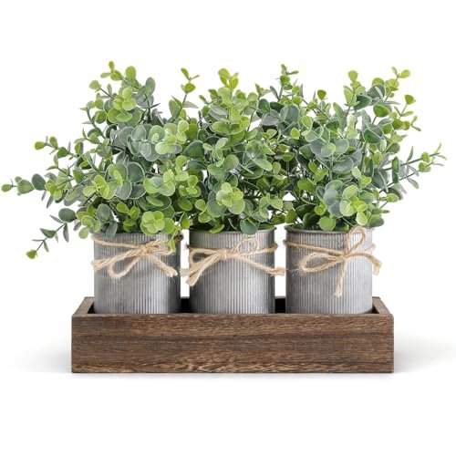 Dahey Centerpiece Table Decorations Coffee Table Decor Wood Tray 3 Galvanized Pots with Artificial Eucalyptus Plants Farmhouse Decor Table Centerpieces for Dinning Living Room Bath Kitchen, Brown