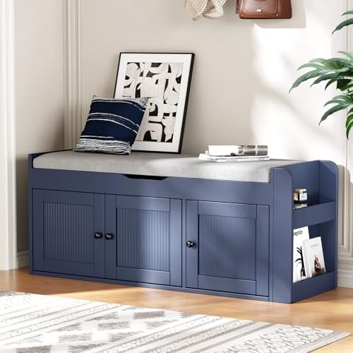 HOTAMO 42.6" Storage Bench - Entryway Shoe Bench with Side Storage Shelves and 3 Doors, Multifunctional Entryway Bench with Lift Top Cushion, Shoe Storage Bench for Bedroom, Living Room, Blue
