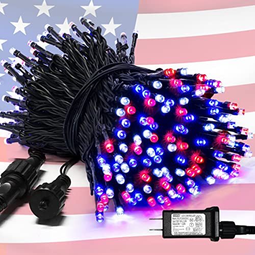 JMEXSUSS 200 LED 66ft Red White and Blue Lights Outdoor, Expandable Waterproof 4th of July Lights, 8 Modes Patriotic String Lights Plug in for 4th of July Tree Independence Day Indoor Decorations