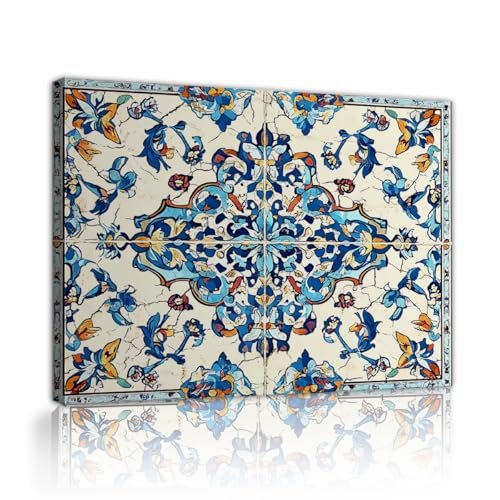 Vintage Moroccan Tile Mosaic Canvas Framed Wall Art Blue and Orange Floral Cracked Ceramic Poster Painting Mural Print for Living Room Decor 24x32in