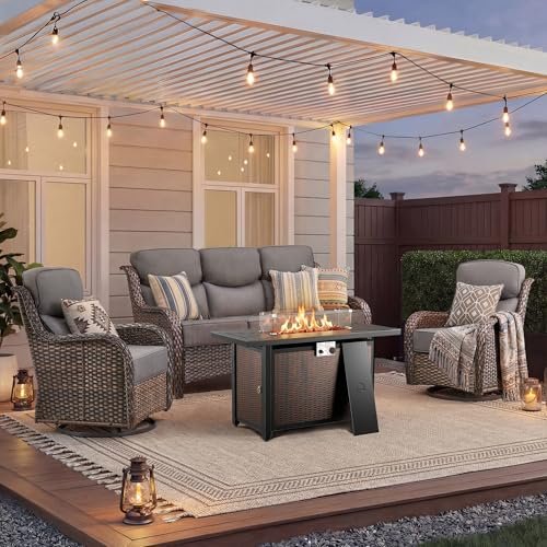 Jelwaly Luxury Patio Furniture Set with Fire Pit Table-4 Pieces High Back Wicker Swivel Rocker Chairs with 6" Extra Thick Cushions, Outdoor Patio Conversation Sets for Porch Deck Backyard(Brown/Grey)
