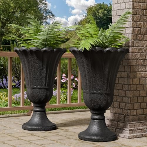 Trygoal 23.6" Tall Plastic Urn Planters for Outdoor Plants, Set of 2 Heavy-Duty Classic Indoor Large Flower Pots with Drainage Holes & Petal Design, Outdoor Planters for Porch, Home Garden, Black