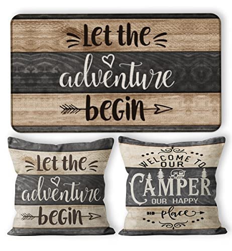 M-Qizi Camper Decor Doormat Pillow Cover Set - 1 * 30''x17'' Camper Rugs for Inside, 2 * 18x18 Camper Pillows Cover, RV Decorations for Inside Camper - Let The Adventure Begin