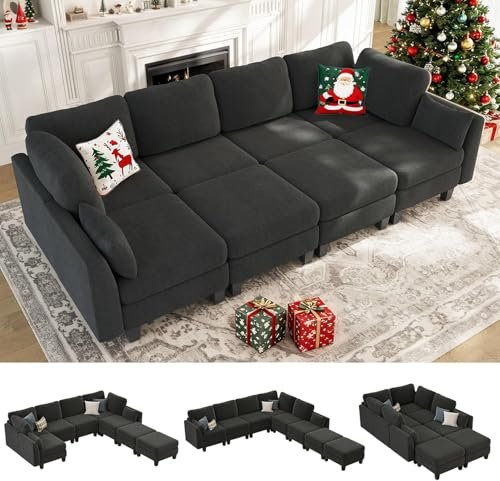 Dowiean Sectional Sleeper Sofa, 8 Seaters Modular Sleeper Sofa Couch, Comfy Sectionals Couches Bed, Convertible Sofas with Ottomans, Modular Sectional Couches for Living Room, Dark Grey